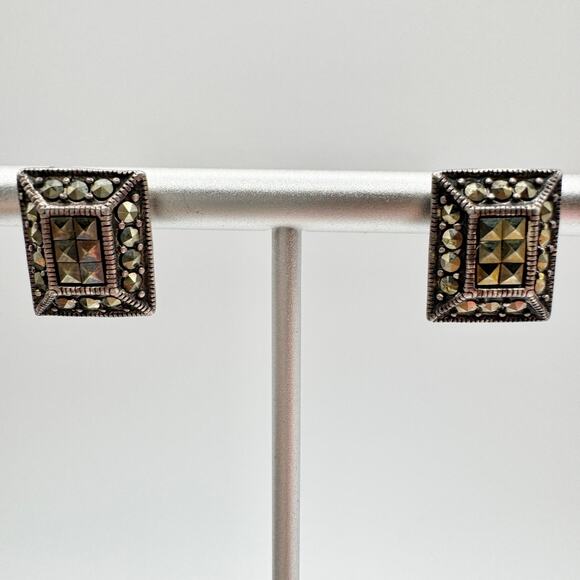 Marcasite Rhinestone 925 Silver Art Deco Revival Rectangle Earrings Tested - Picture 3 of 15
